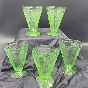 Jeanette Poinsettia Green Uranium Depression Glass Footed Tumbler 4-5/8 Set of 5
